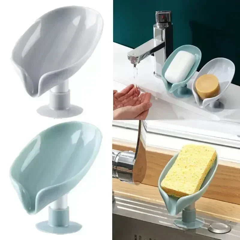 Portable Anti-slip Soap Holder Leaf Shape Bathroom Shower Soap Dish Kitchen Drain Sink Sponge Storage Rack Suction Cup Tray