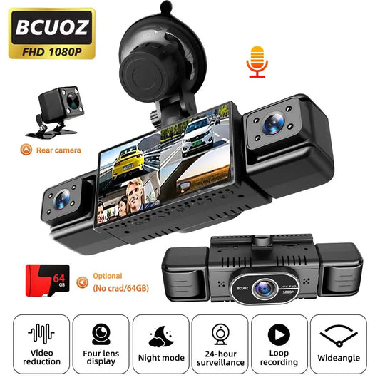 BCUOZ 4-Lens 360° Dashcam with Super Night Vision - 1080P Front 720P Rear Left Right Car Cameras G-Sensor Loop Recording WDR 12-24V Plug Power Supply Optional 64GB Memory Card