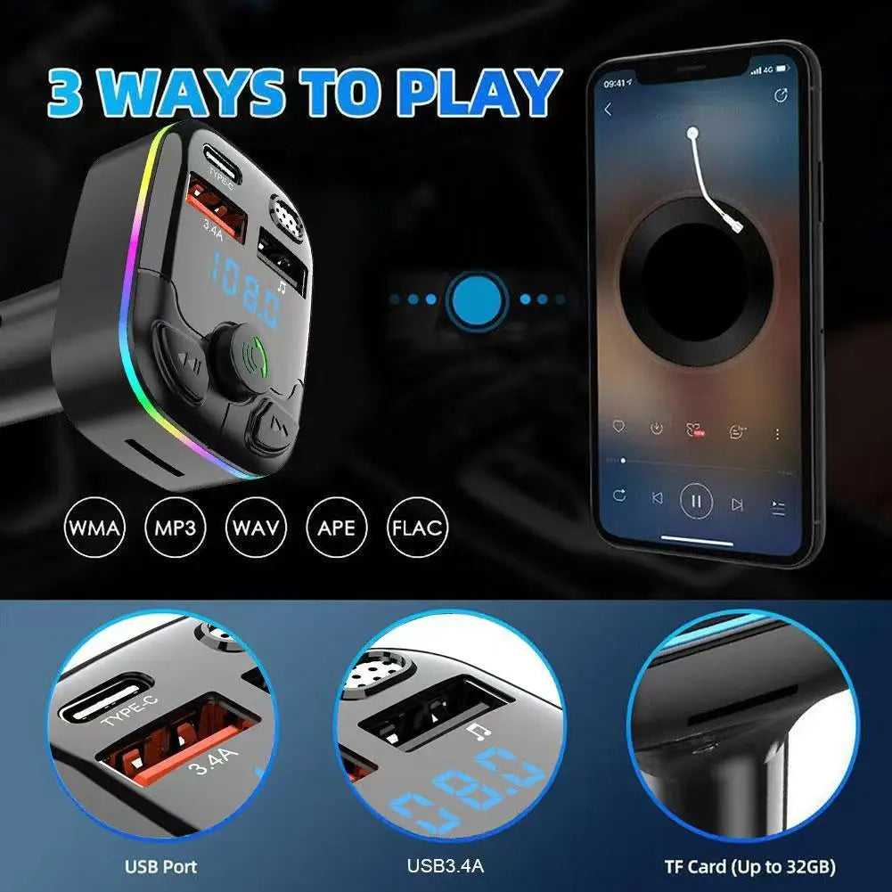 Car Charger Bluetooth 5.0 FM Transmitter Handsfree PD Type-C Dual USB Ambient Player MP3 Charger Type-C Wireless Light