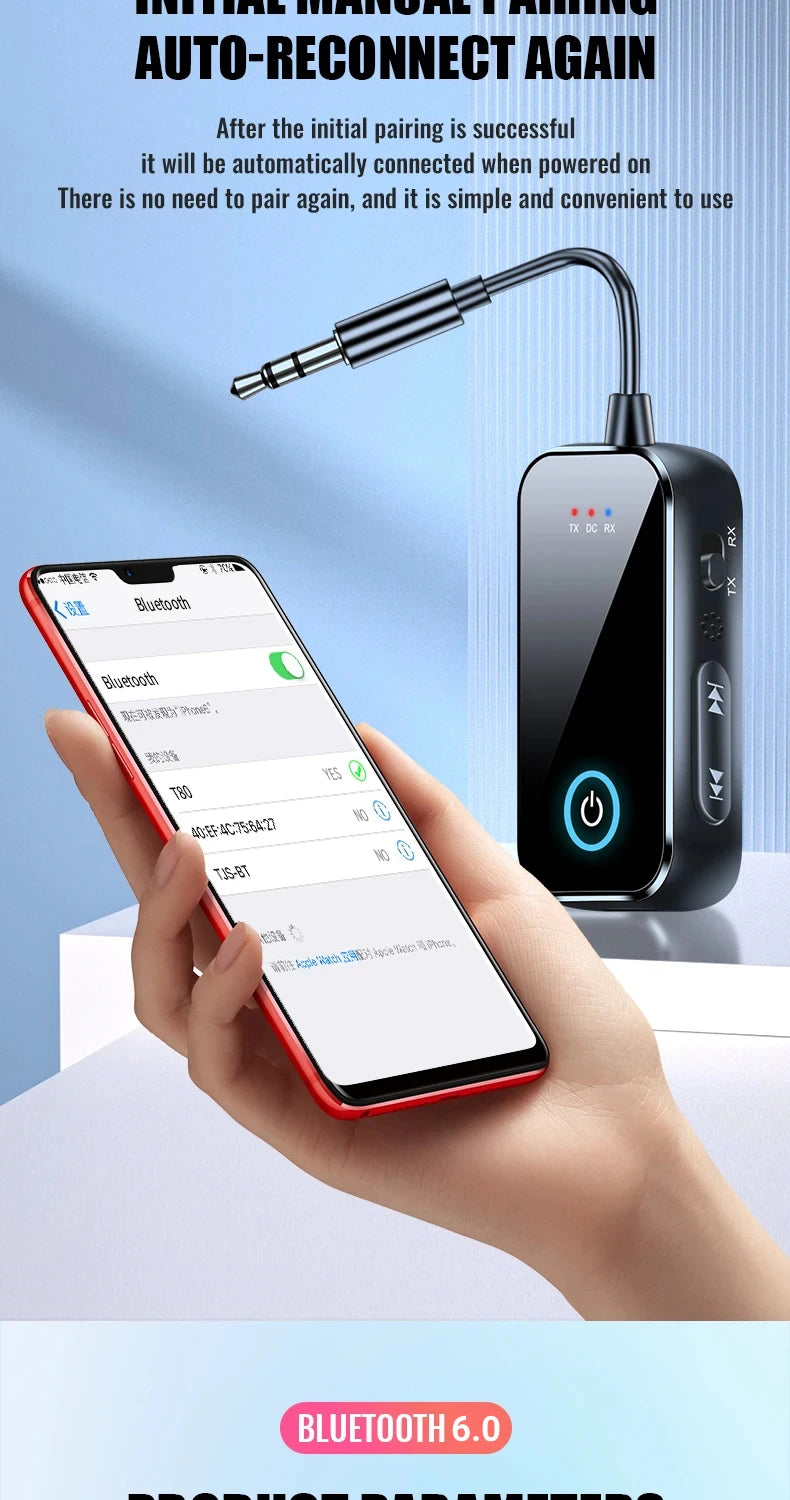 Bluetooth 6.0 AUX Audio Transmitter Receiver 2 IN 1 Wireless Adapter 3.5MM With Mic HiFi Stereo Music For Car TV PC Airplane