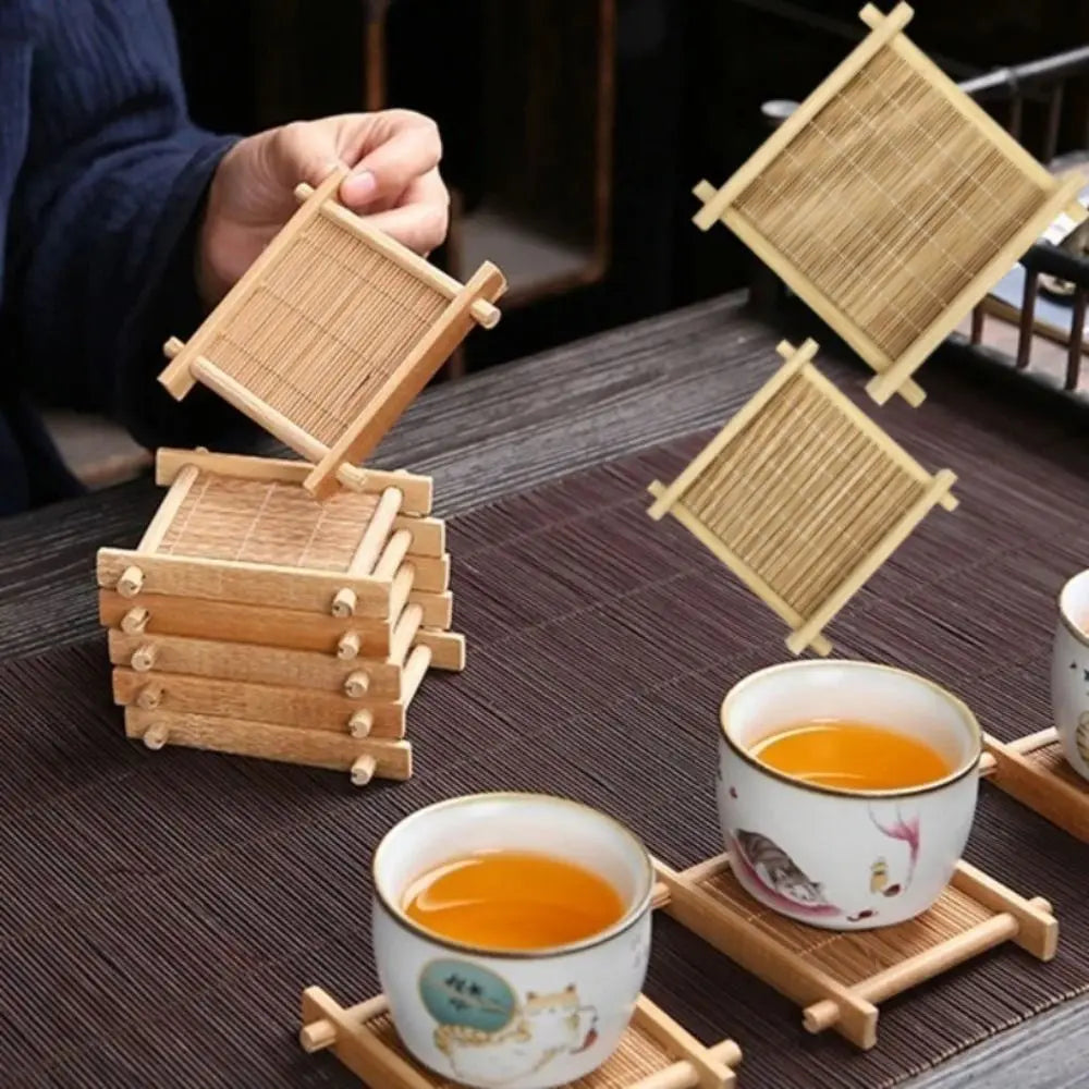 Tea Trays Square Bamboo Teacup Pad Retro Coffee Cup Mug Cup Tableware Heat Insulated Coasters Kitchen Restaurant Accessories