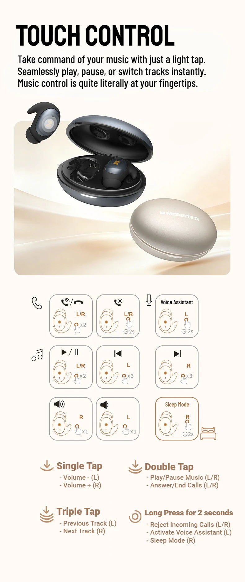 Monster Passive Noise Canceling Sleep Earphone Bluetooth 6.0 Sleep Earbuds for Side Sleepers Hifi Stereo TWS Wireless Headphone