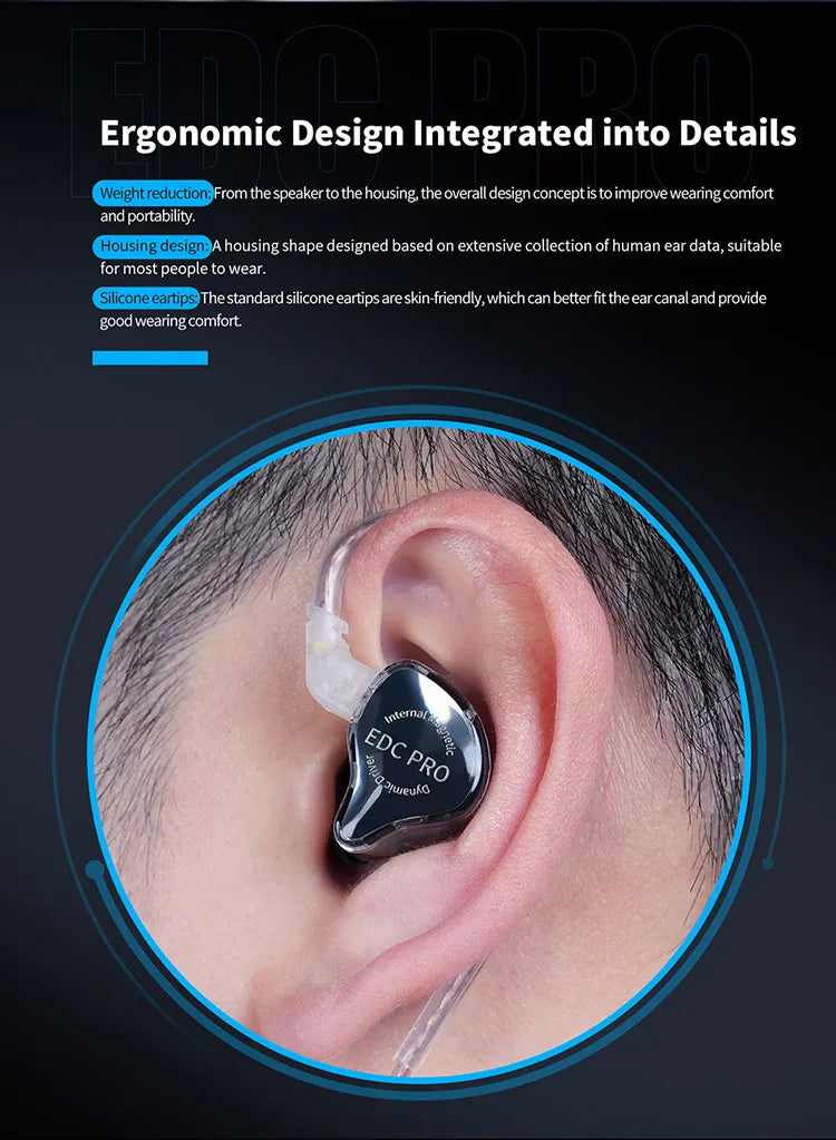KZ EDC PRO upgraded high-quality dynamic HIFI in ear interchangeable cable wired motion noise cancelling headphones