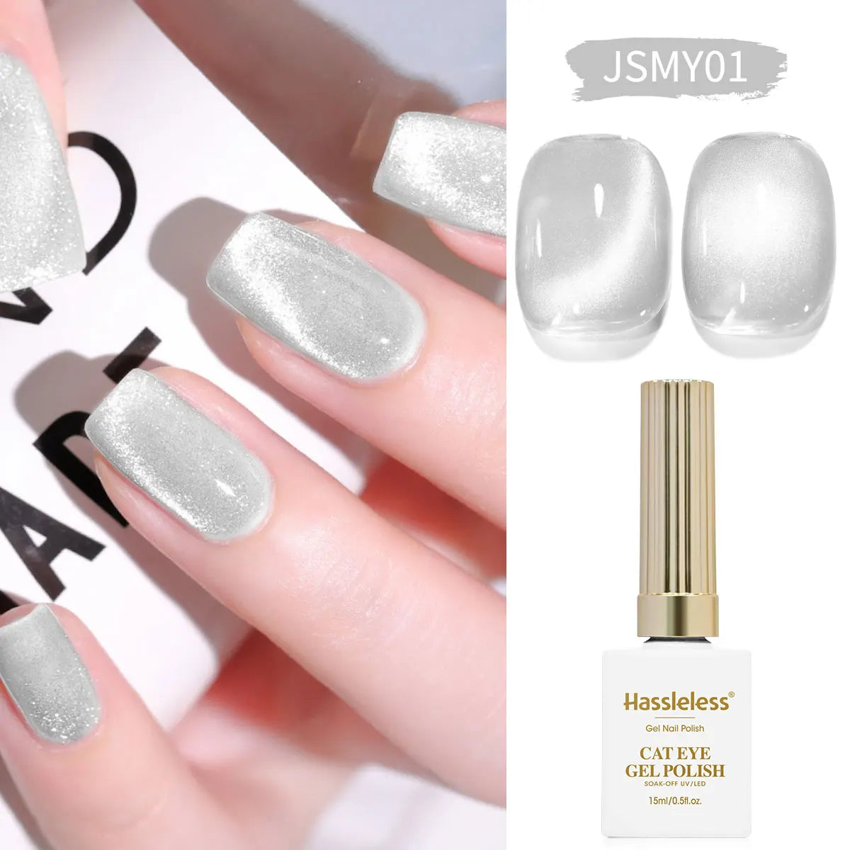 Hassleless  15ml Universal Silver Cat Eye Gel Polish. Glittery, Magnetic. Needs UV/LED Lamp. For Home & Salon DIY