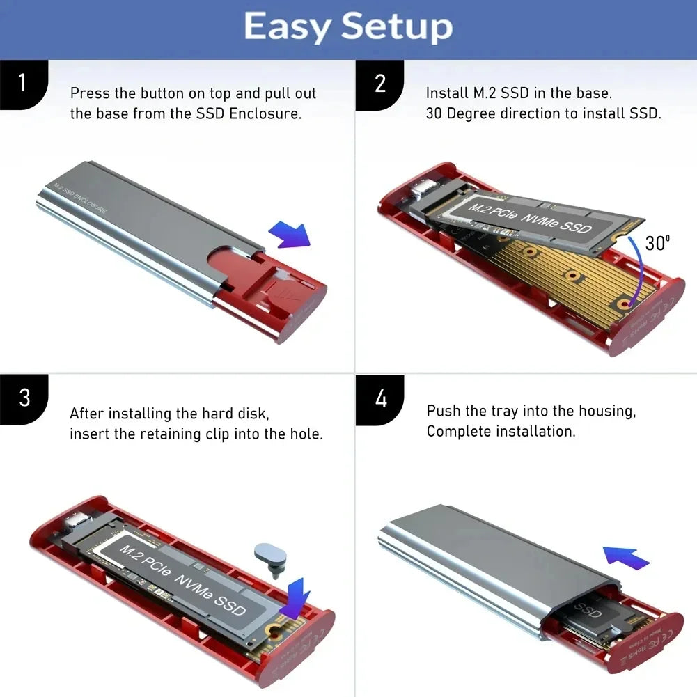 M2 NVMe SSD Enclosure 10Gbps PCIe SSD Case Portable Box USB C USB 3.1 Tool Free External Adapter with Heat Sink Pad for M.2 SSD