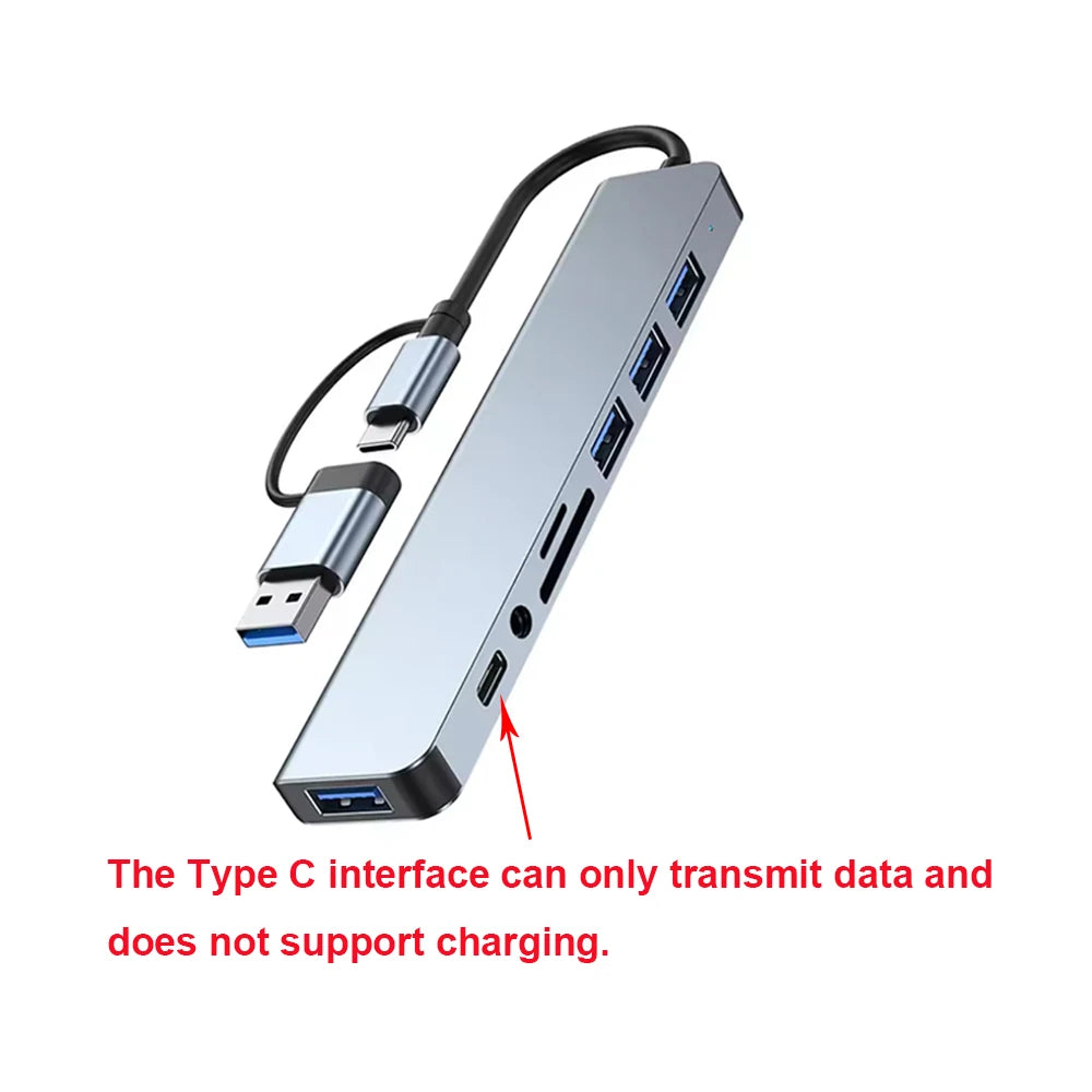 8 in 2 USB +Type C HUB Docking Station with 3.5mm Audio Jack Adapter for Micro SD Card Reader Laptop Tablet Phone Disk Converter