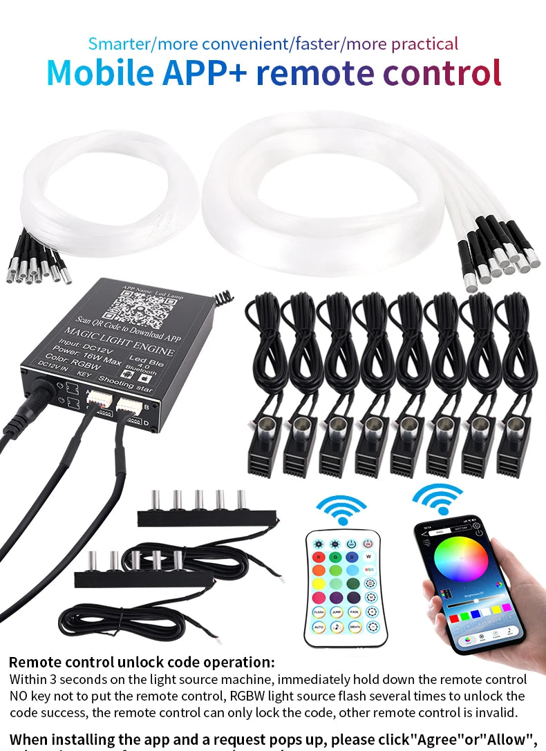RGB Led Star Roof Starlight Headliner Remote Control Fiber Optic Lamp APP Voice 16W Twinkle Starry Sky Car Star Ceiling Light