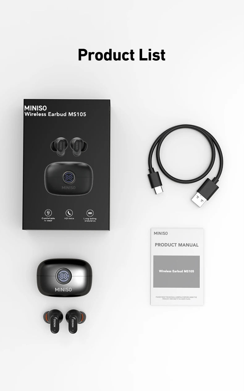 MINISO MS105 Bluetooth Earphone In-Ear Earbuds Soft Earbuds Wireless Headphones Waterproof IPX5