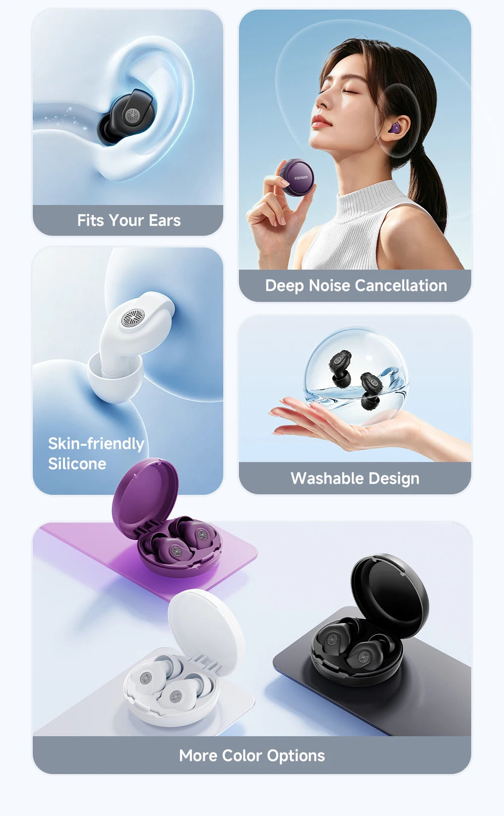 Essager Noise-canceling Sleep Earplugs 45-49dB Anti-Noise Hearing Protection Silicone Soft Earplug for Sleep Work Study Travel