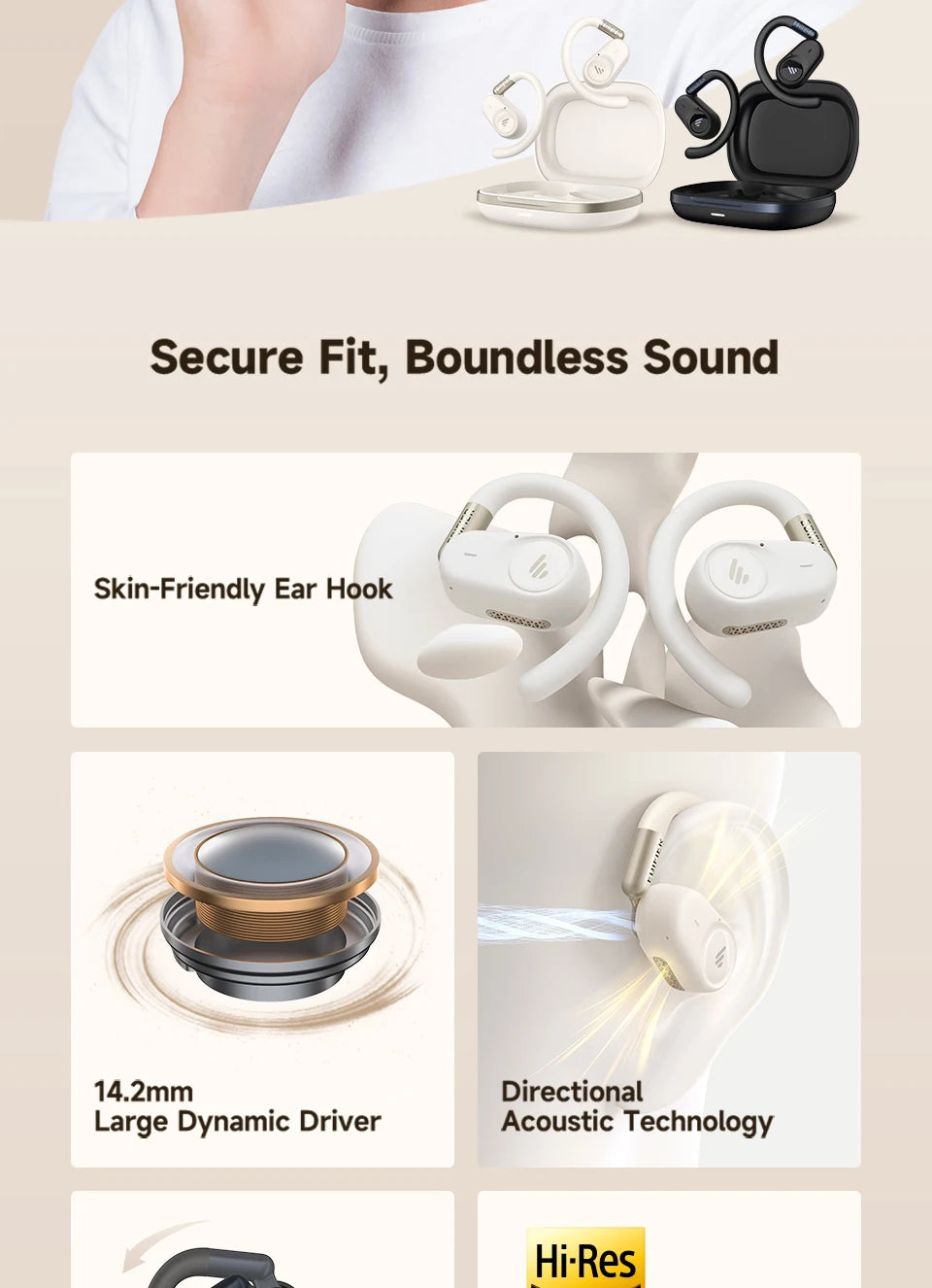 Edifier A6 Open Ear Bluetooth Earphones Ear Hook Headphones Hi-Res Wireless Audio IP55 Waterproof 40hrs Playtime LDAC Codec
