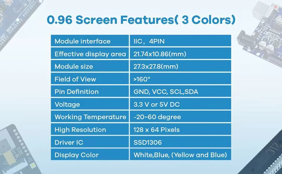 0.96" Inch OLED Display Screen Module I2C IIC 128x64 SS - D - 1306 3.3V-5V Blue/blue Yellow/White for Arduino ESP32 ESP8266