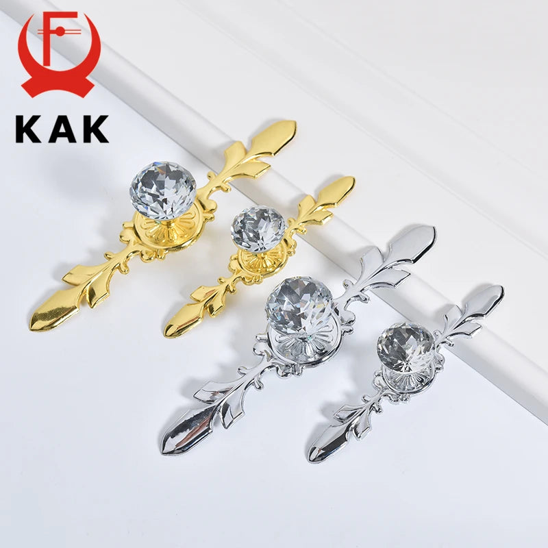 KAK Gold Diamond Crystal Glass Cabinet Knobs and Handles Cupboard Door Pulls Zinc Alloy Kitchen Handle Furniture Door Hardware