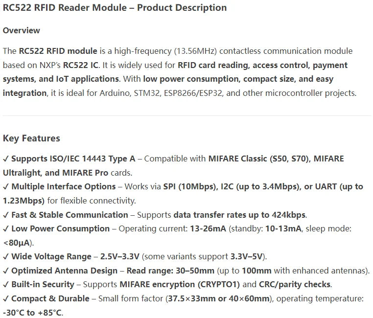 RFID IC Wireless Module MFRC-522 RC-522 RC522 IC KEY SPI Writer Reader IC Card Proximity for Arduino