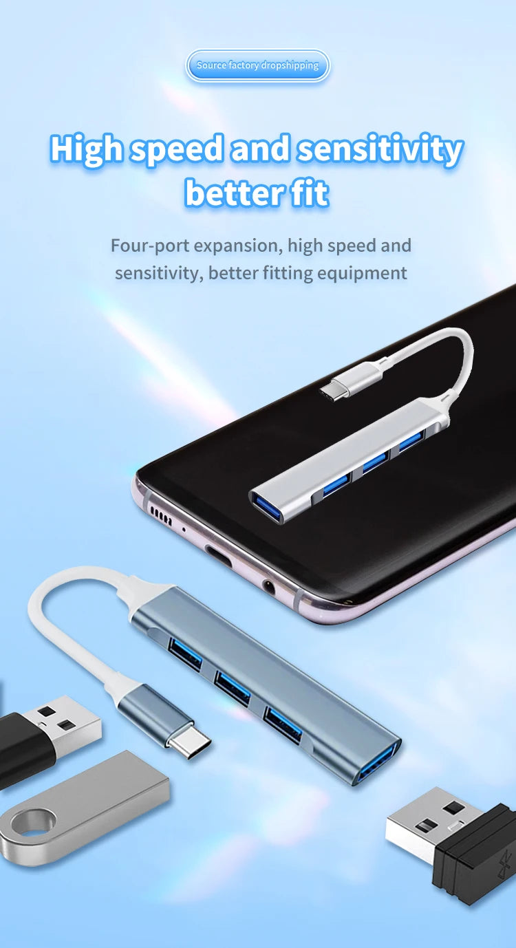 4-in-1 USB C Hub 3.0, Multi-Port OTG Adapter for Smartphones, Tablets, Laptops, Computers, Type-C Splitter