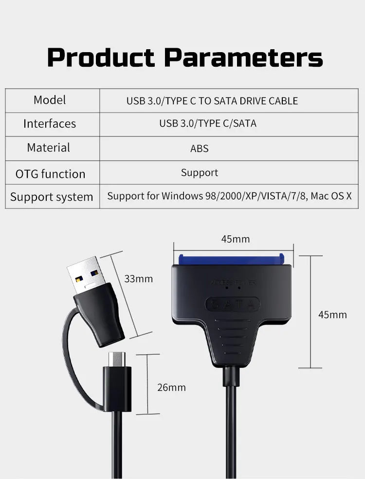 USB 3.0 to SATA Cable for 3.5/2.5 Inch SSD HDD SATA III Hard Drive Disk with 12V/2A Power Adapter