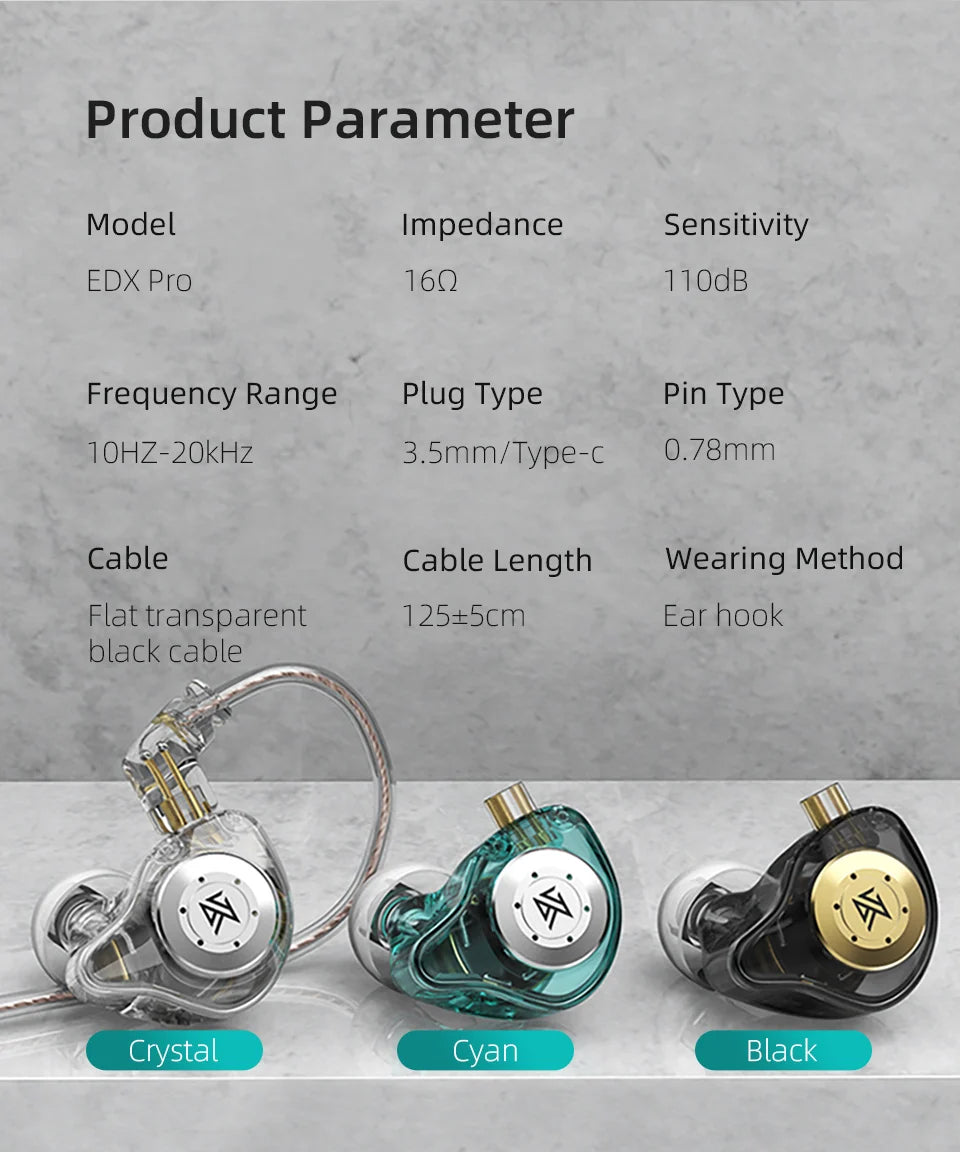 KZ EDX PRO Dynamic Earphones HIFI Bass Earbuds In Ear Monitor Sport Noise Cancelling Headset
