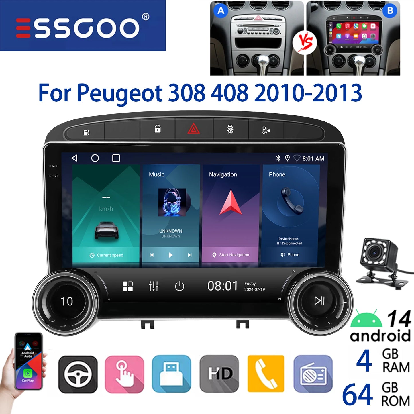 ESSGOO 2DIN Android 14 For Peugeot 408 RCZ 308 10-13 Car Radio Wireless Carplay Android Auto 10" Display GPS Navi WIFI FM RDS BT