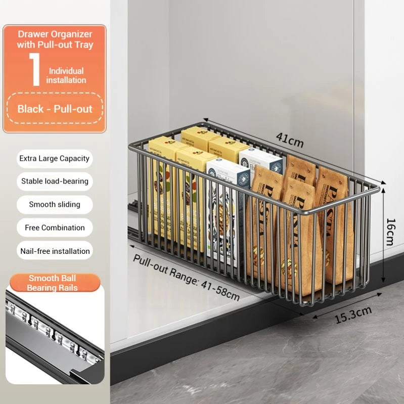 2Pcs Pull Out Cabinet Organizer Carbon Steel Slide Out Drawers Sliding Pantry Shelves For Kitchen Base Cabinet Organization