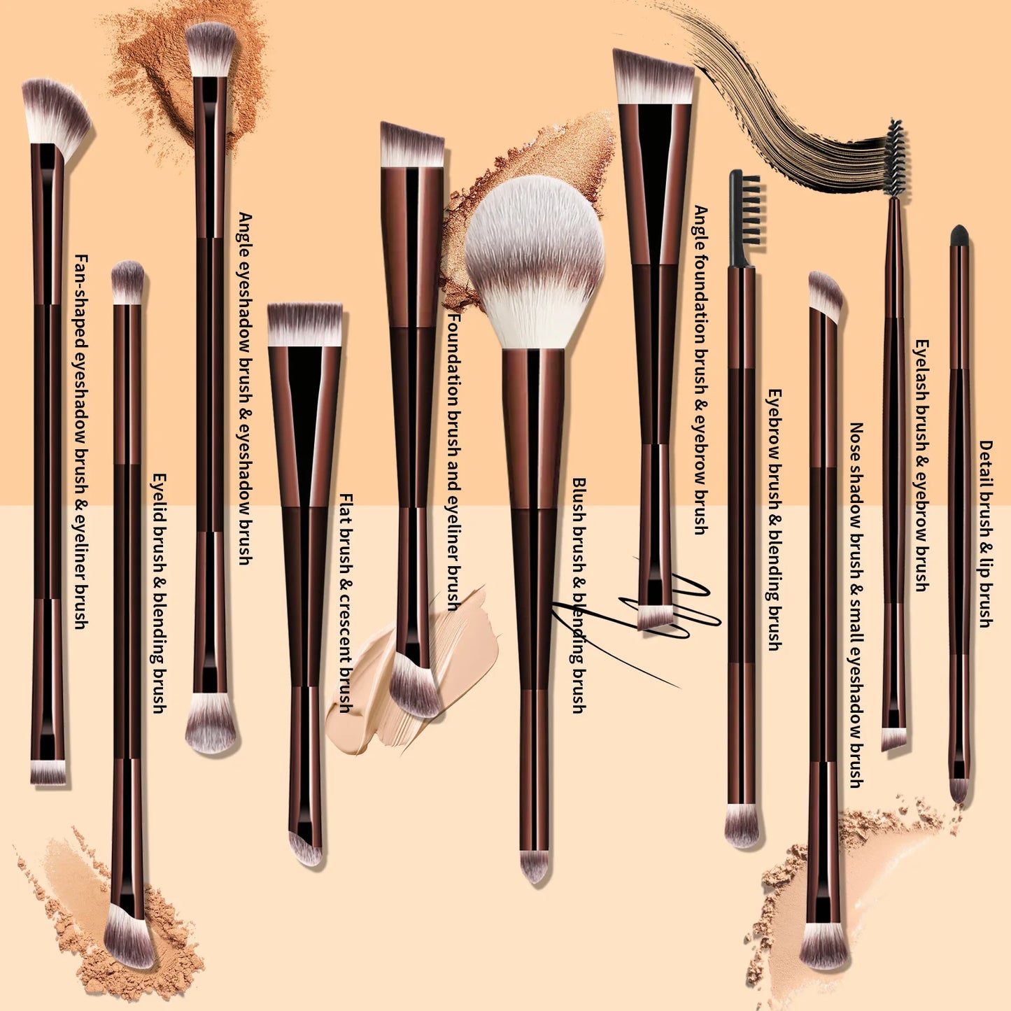 11 full set of eye makeup brushes, double-head design, eyeshadow brush, smudge brush, eyebrow brush, full set of beauty tools