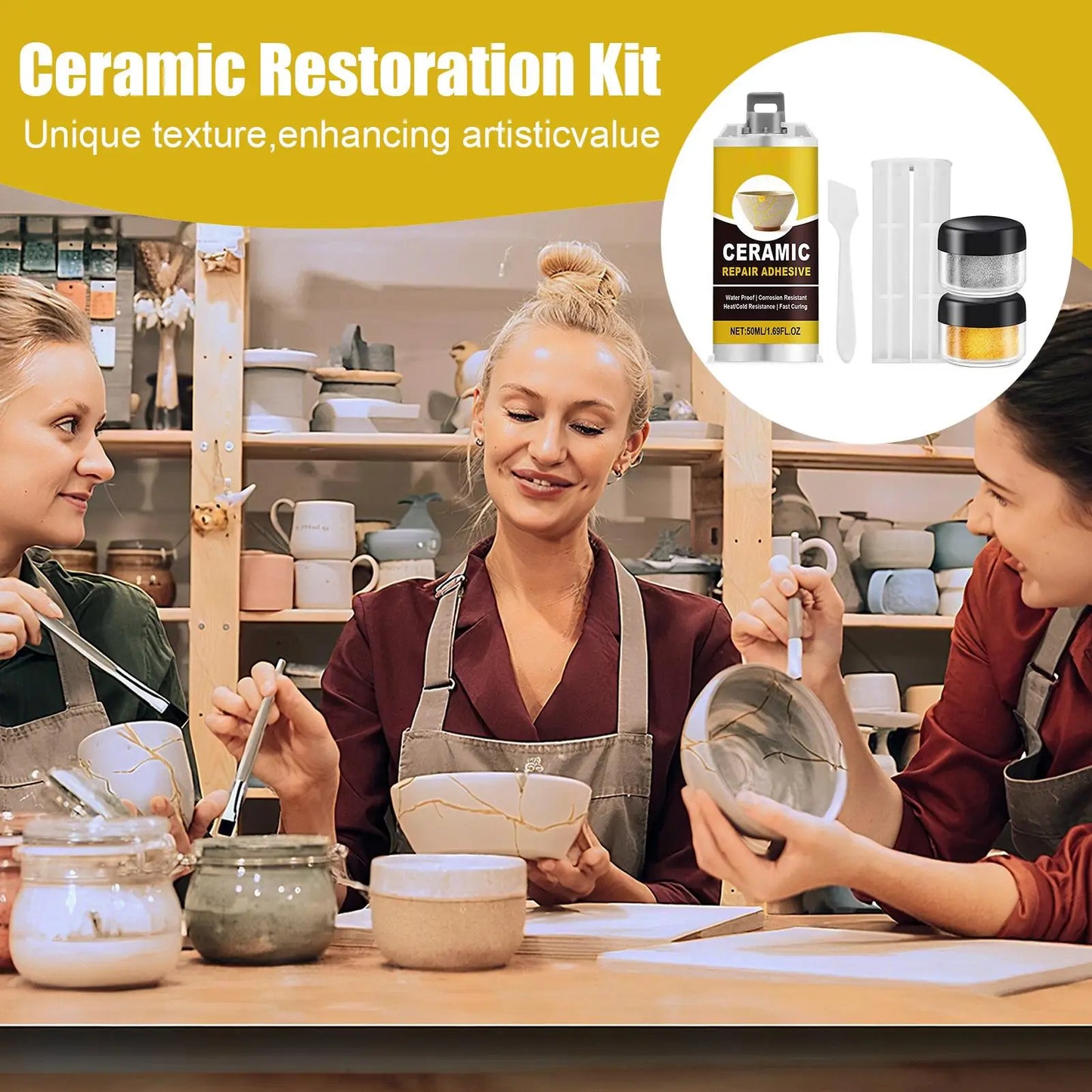 Ceramic Repair Kit - Food Safe Adhesive in Kintsugi Style - Mends Broken Pottery, Dishes, Figurines for Kitchen & Bathroom
