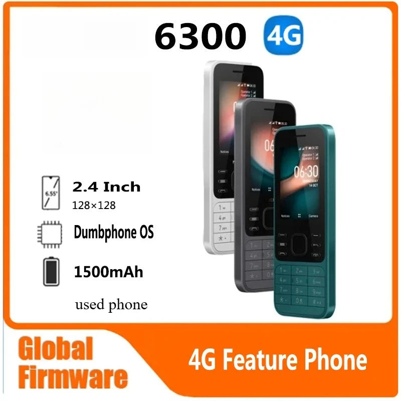 Finland Made 6300 4G mobile phone Feature Phone Dual SIM KaiOS Wifi Multilingual 2.4 Inch FM Radio Bluetooth  used phone