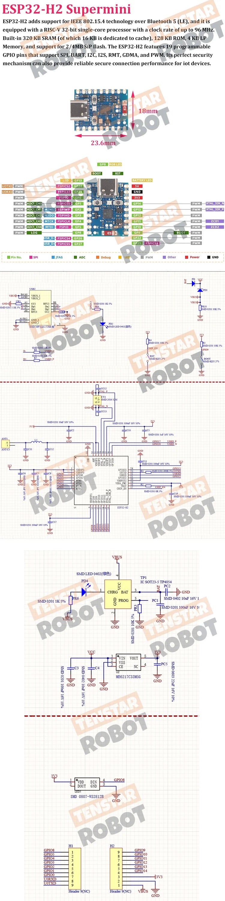 TENSTAR ESP32-S3 ESP32-C3 ESP32-H2 ESP32-C6 Development Board WiFi Bluetooth Module Single-Core SupmerMini XIAO