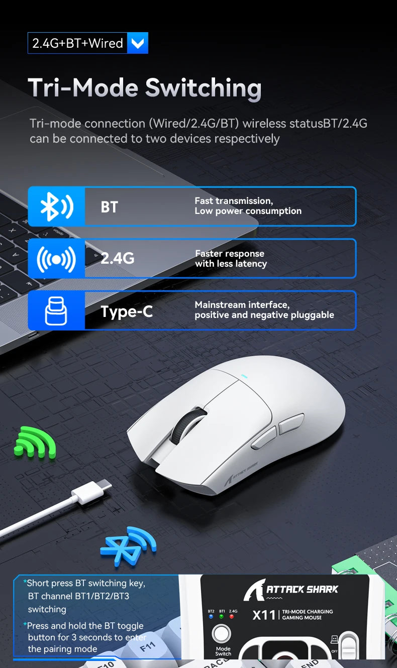 ATTACK SHARK X11-Mouse Tri-Mode Lightweight Gaming Mouse,PAW3311,22000DPI,400IPS,40G,1K Return Rate,Magnetic Fast Charging
