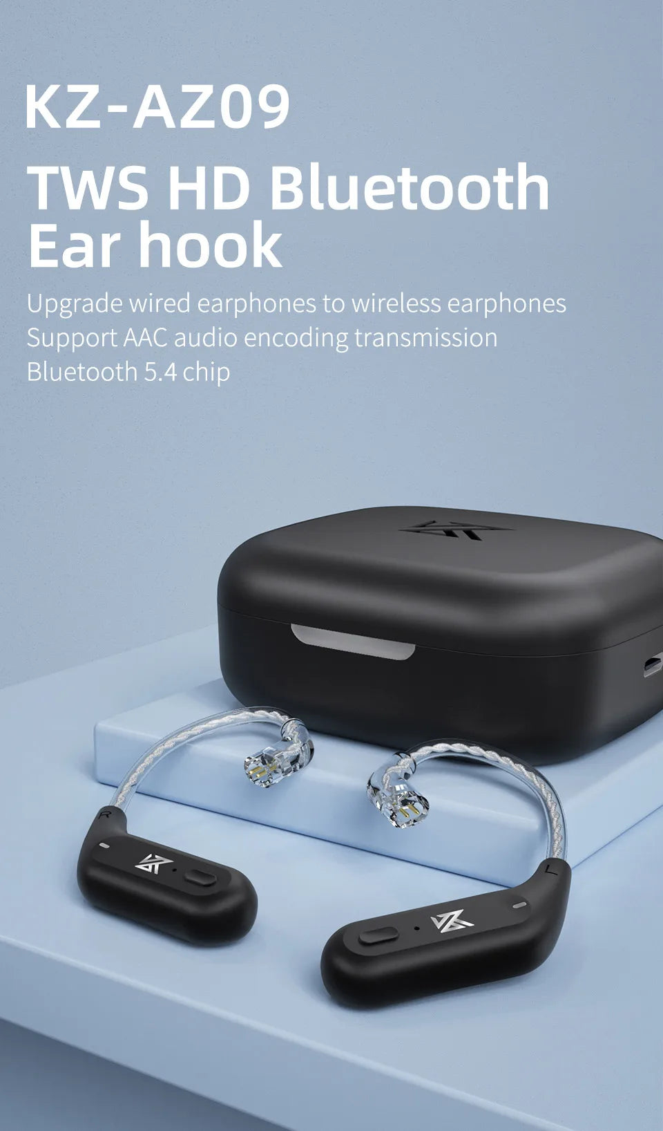 KZ AZ09 Wireless Upgrade Cable Bluetooth-compatible 5.2 HIFI Wireless Ear Hook C PIN Connector With Charging Case
