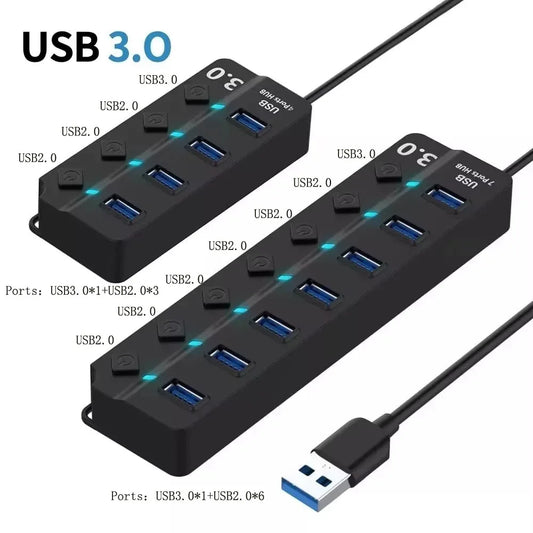 USB 3.0 Hub 4/7 Port with LED Indicator Independent Switch Control for Laptop Flash Drive Hard Disk Printer Camera Keyboard