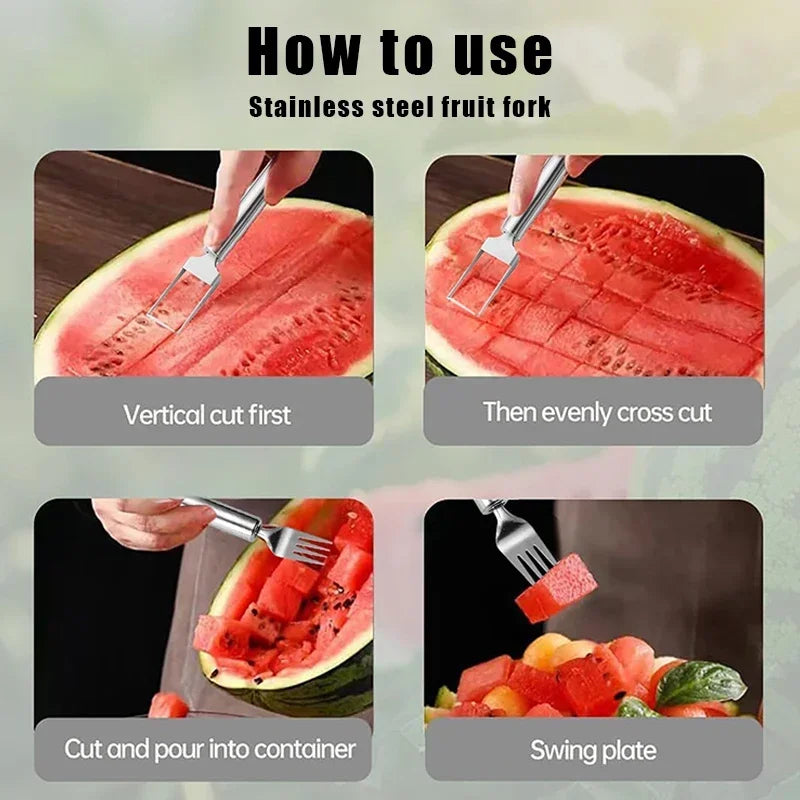 Multi-purpose Portable 2In1 Watermelon Slicer Fork Watermelon Slicer Cutter Knife Stainless Steel Kitchen Fruit Cutting Fork