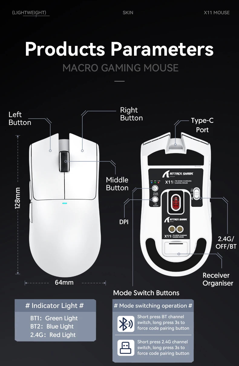 Attack Shark X11 Wireless Mouse,Tri-Mode Connection, PixArt PAW3311, Touch Magnetic Charging Base, Macro Gaming Mouse