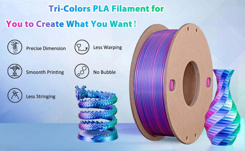 Silk PLA 3D Printer Filament 1.75mm Triple Color Silk PLA Filament 3D Printing Filament 250g 3 In1 Color Rose Red Sky Blue Green
