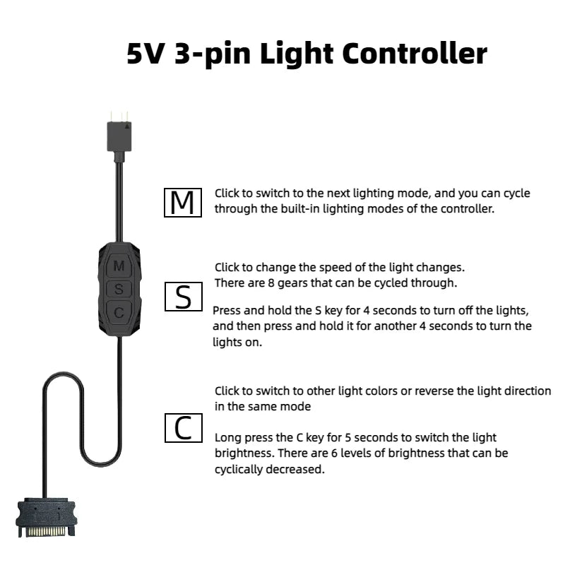5V 3PIN ARGB Controller ARGB 5V 3PIN To SATA Interface Extension Cable RGB Sync Controller Cable for PC Fan Light Strip