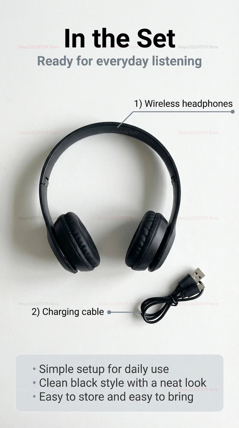 Wireless Bluetooth Headphones Head Mounted P47 Foldable Bass Sport Earphones Universal for Mobile Computer PC Gaming Running Gym