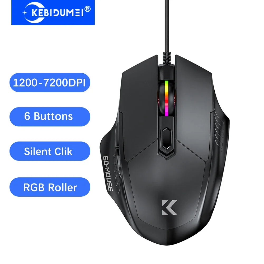 KEBIDUMEI RGB Wired Gaming Mouse 7200DPI 6-Level Adjustable 6 Buttons Ergonomic Silent Mice Plug and Play for Laptop Win MacOS