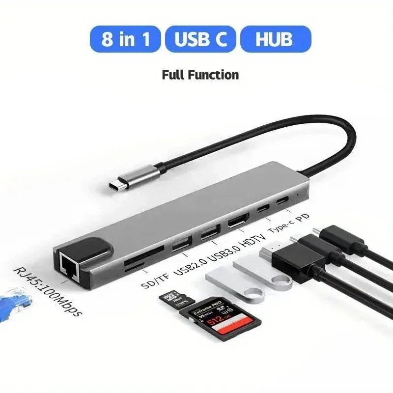 USB C Hub 8In1 7in2 7in1 Type C 3.1 To 4K HDMI Adapter with RJ45 SD/TF Card Reader PD Fast Charge for MacBook Notebook Laptop