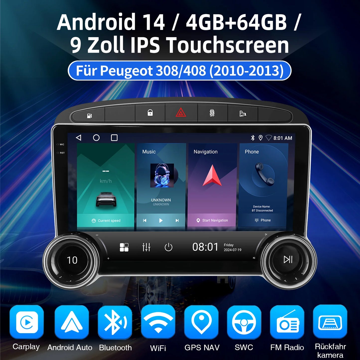 ESSGOO 2DIN Android 14 For Peugeot 408 RCZ 308 10-13 Car Radio Wireless Carplay Android Auto 10" Display GPS Navi WIFI FM RDS BT