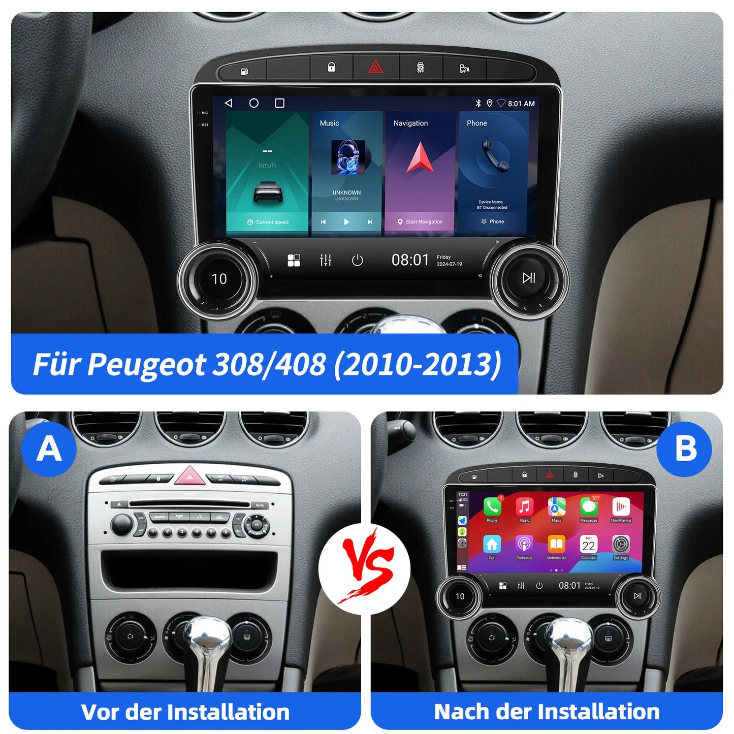 ESSGOO 2DIN Android 14 For Peugeot 408 RCZ 308 10-13 Car Radio Wireless Carplay Android Auto 10" Display GPS Navi WIFI FM RDS BT