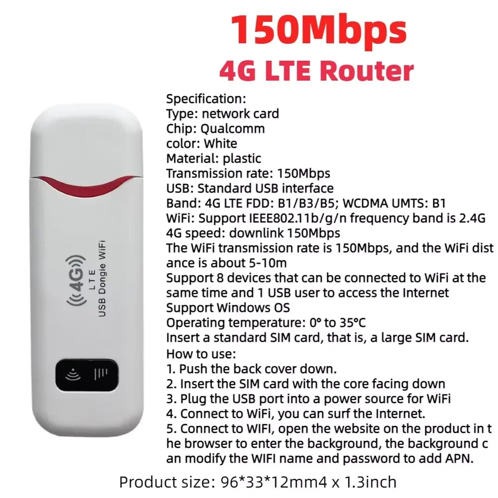 4G LTE Wireless USB Dongle 150Mbps Mobile Broadband Modem Stick 4G SIM Card Hotspot Router for Home Office Wireless WiFi Adapter