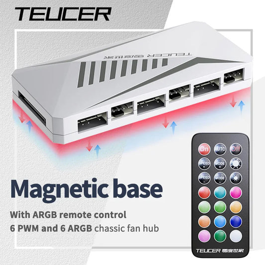 TEUCER LP-6P ARGB Remote Control 6 Way Splitter 4Pin PWM Cooling Fan Hub for Computer PC Case Chassis Radiator SATA Power Supply