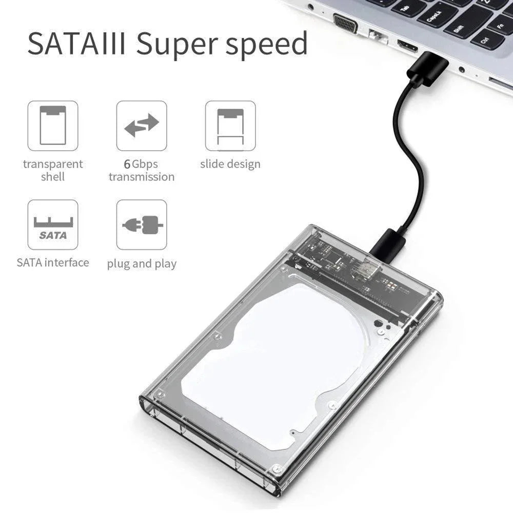 USB External Hard Drive Enclosure 2.5 inch SATA to USB UASP Clear Portable Hard Drive Case 2T HDD Tool-Free Transparent