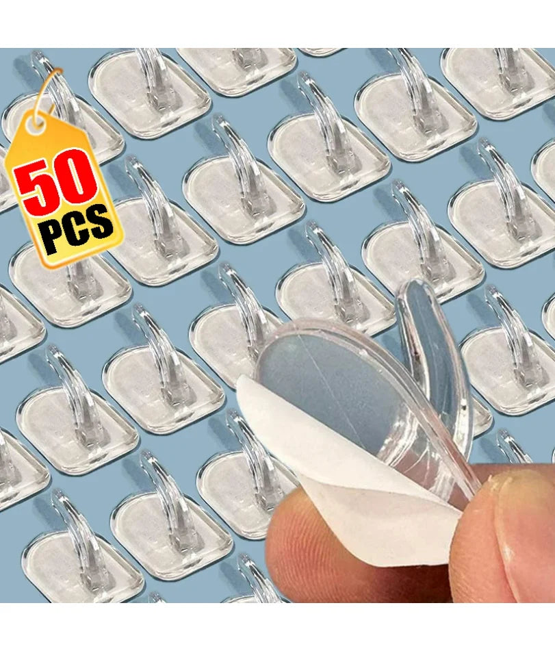 50/100PCS Mini Clear Wall Hooks Self Adhesive Transparent Sticky Hanger Wall Decor Hook Home Kitchen Bathroom Storage Organizers