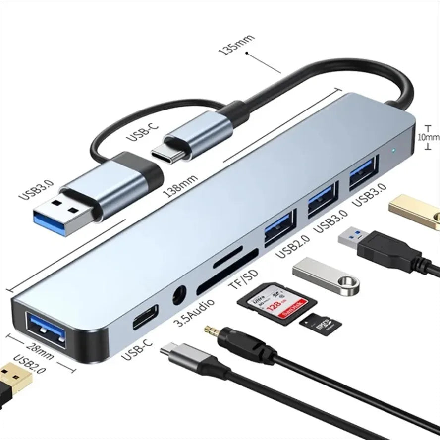 8 In 2 USB +Type C HUB With Splitter Card Reader, USB C Port, USB 3.0 / 2.0, SD/TF Splitter Card Reader, Docking Station