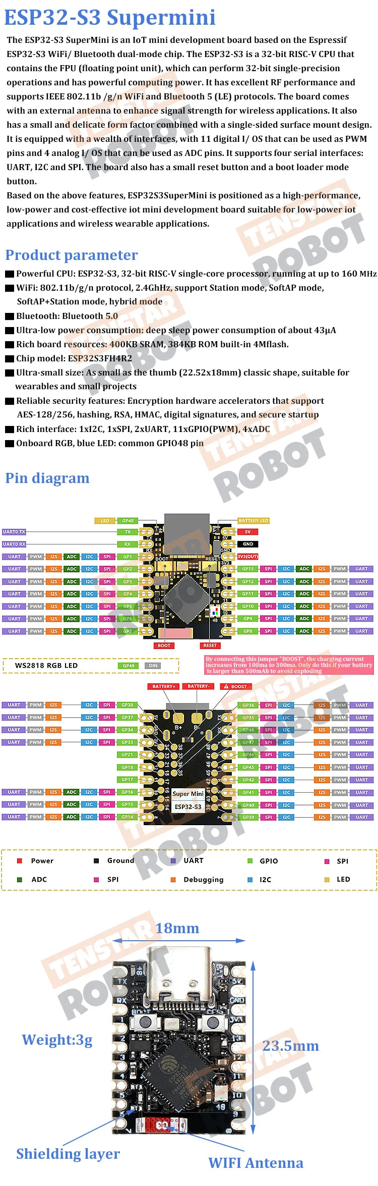 TENSTAR ESP32-S3 ESP32-C3 ESP32-H2 ESP32-C6 Development Board WiFi Bluetooth Module Single-Core SupmerMini XIAO