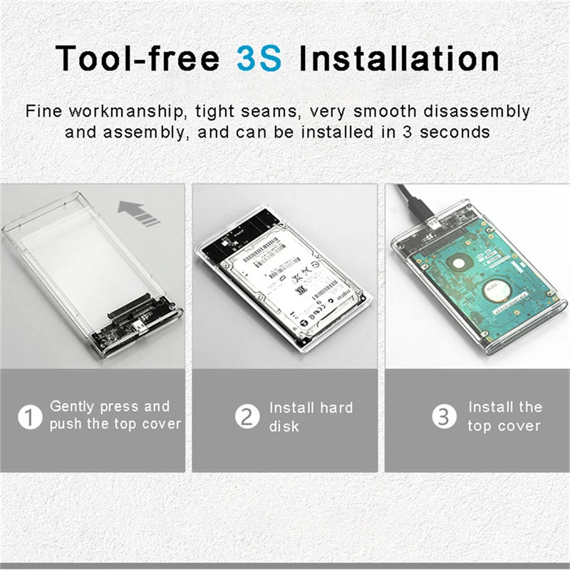 Transparent HDD Case HDD Enclosure 2.5 Inch SSD SATA To USB2.0 Type-C Adapter Portable External Hard Drive Box Tool-Free
