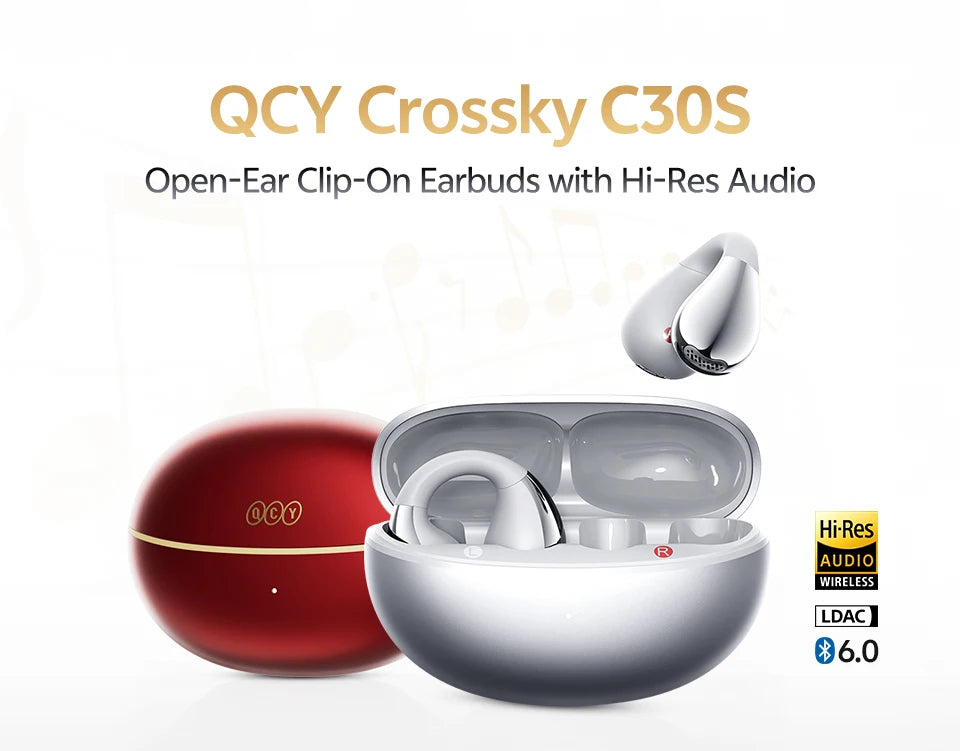 QCY Crossky C30S Open Ear Earphones Wireless Bluetooth 6.0 Clip-On Earbuds LDAC Hi-Res Audio Dual Connection 40H IPX5 Waterproof