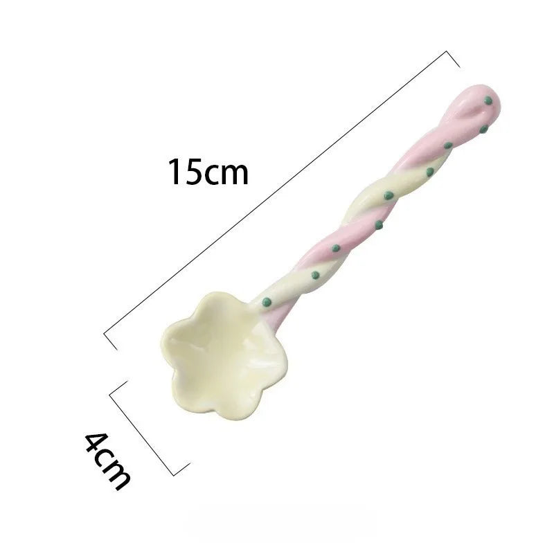 Ceramic Flower Soup Spoon Household Ice Cream Hand Painted Dessert Stirring Spoon with Long Handle Kitchen Tableware Accessories