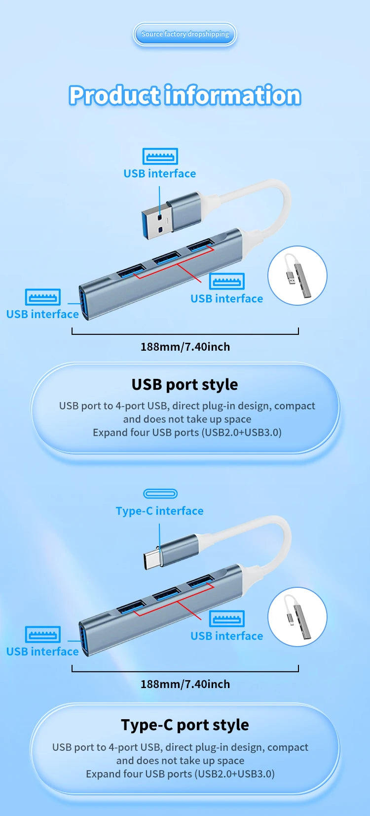 4-in-1 USB C Hub 3.0, Multi-Port OTG Adapter for Smartphones, Tablets, Laptops, Computers, Type-C Splitter