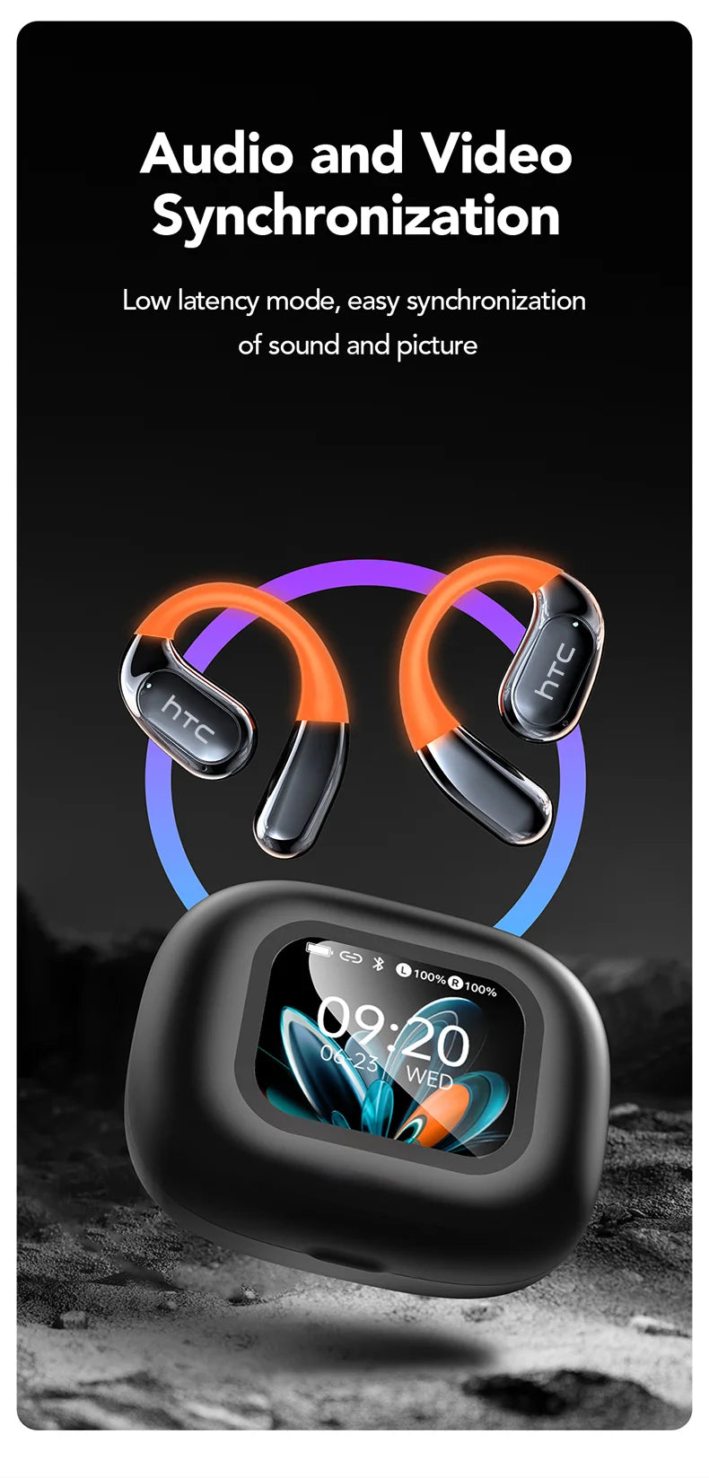 HTC NE27 Wireless Headphones Bluetooth 5.4 AI Translator Earbuds Glowing Earhook Upgraded LCD Touchscreen ENC Noise Reduction