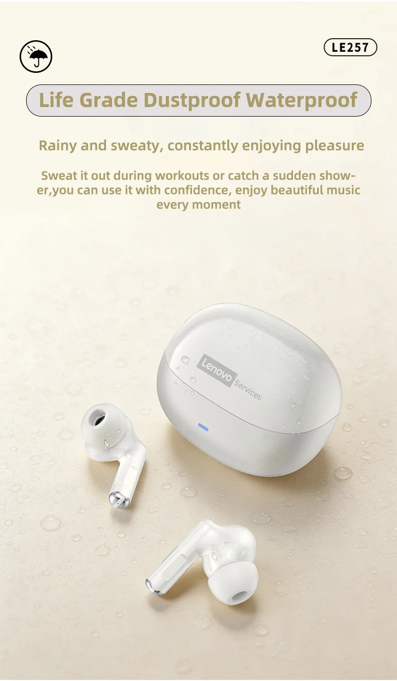  Lenovo LE257 TWS Wireless Bluetooth 6.0 Headphones HiFi Sound ENC Call Noise Reduction Earphone Gaming Sports Headset With Mic